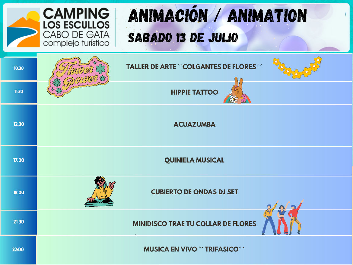 Animación sábado 13 de julio del camping de los escullos
